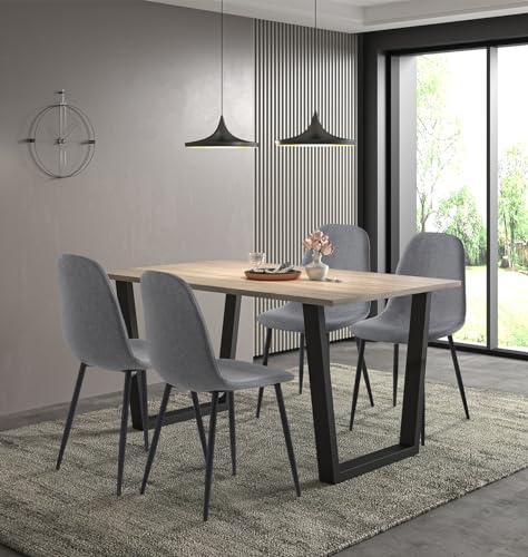 Hallowood Furniture Dudley Oak Effect Dining Table and Chairs Set 4, 150cm | Dinner Table with Chunky U Shaped Metal Legs and Dark Grey Fabric Chairs, Modern Dining Room Sets for Home, Apartment & Cafe