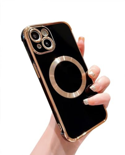 Kaywzo Hülle für iPhone 15,Galvanisierte TPU Handyhülle Kompatibel mit MagSafe,Vier Ecken Stoßfester Schutzhülle,Glänzend Silikon Lady Mädchen Case Cover,Schwarz
