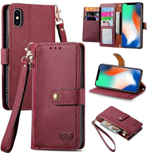 VEEMOS Zipper Wallet Case for Apple iPhone X/iPhone Xs Phone Case with Purse Card Holders RFID Blocking Leather Flip Case Book Cover Wrist Strap Women - Red