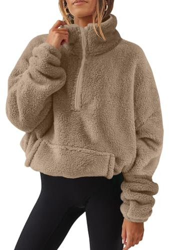 AMhomely Half Zip Fleece Women Crop Long Sleeve Stand Collar Teddy Fleece Tunic Tops Blouse Zip Up Double Jumpers Loose Fit Casual Fluffy Pullover Tops Sweatshirts Fall Winter Warm Coats Khaki M
