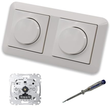 EBROM SET IDEE: Merten MEG5134-0000 (2 Stück) LED Drehdimmer Dimmer + Dimmerscheiben MEG5250-0319 in polarweiß glänzend System M im 2-fach Rahmen inkl. EBROM Phasenprüfer zur Montage der Geräte