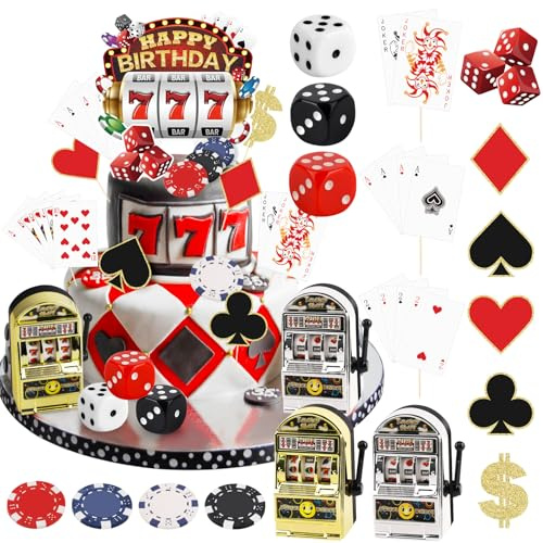 24 Stück Casino Kuchen Dekorationen Casino Cake Toppers Set mit Mini Spielzeug Slot Machine Poker Cake Topper Casino Cupcake Toppers für Las Vegas Casino Night Thema Geburtstag Party Dekorationen