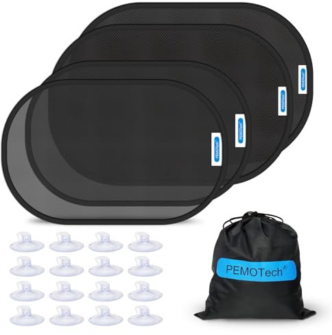 PEMOTech Sonnenschutz Auto Baby,(4 Stück) ZERTIFIZIERTER UPF50+ UV-Schutz,[2025 Upgrade] Universelle Sonnenschutz Auto Kinder mit Saugnapf