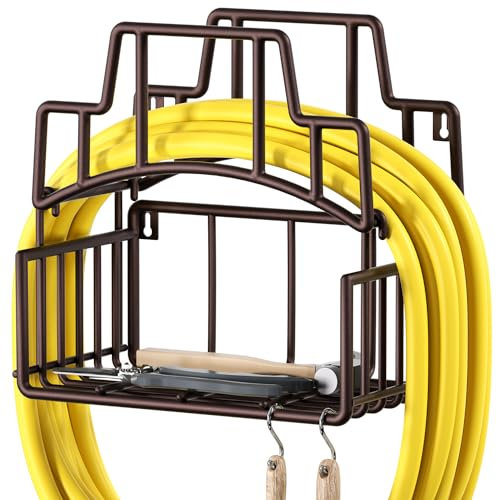 MANFLY Garden Hose Holder, Wall Mounted Solid Metal Heavy Duty Hose Holder, Outdoor Yard Hose Rack with Tool Storage Basket and 2 Tool Hooks