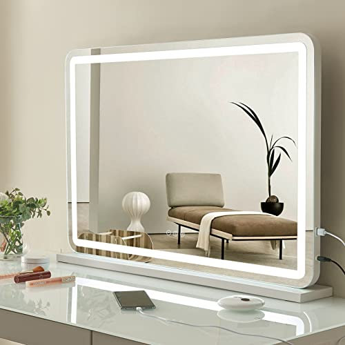 Teousev Miroir Coiffeuse avec Lumières LED Ultra Lumineuses, Miroir Hollywood Robuste 80x55cm avec Grossissement 10X, Miroir LED Coiffeuse Tactile avec Lumières LED et Fonction Mémoire