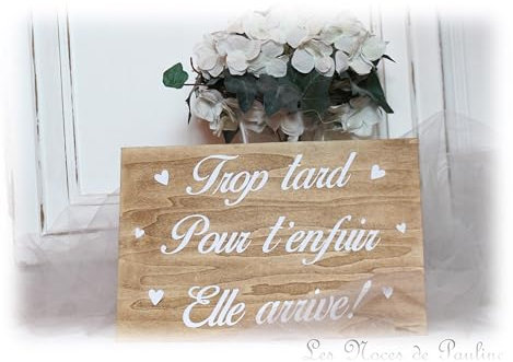 Pancarte mariage 'trop tard pour t'enfuir' en bois, panneau cortège humour version Coeurs