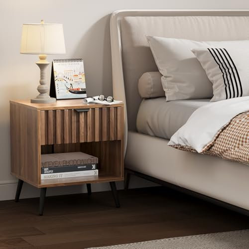 Tables de nuit, table de nuit cannelée en noyer, table de nuit moderne du milieu du siècle, table de chevet avec tiroir à lattes sans couture, tables d'extrémité de chambre à coucher avec pieds en
