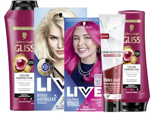 Schwarzkopf LIVE Ultra Brights PROFI-SET mit Haartönung 093 Shocking Pink & Aufheller Max Blonde 00B, Blondierung & GLISS Shampoo & Spülung Colour Perfector & BRILLANCE Haar Glanz Glossing Neutral