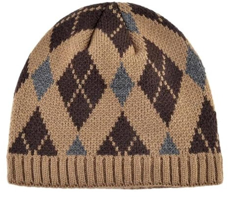 WOYUANSHA Mütze Beanie Hut Warme Gestrickte Schädel Männer Dicke Doppels Chicht Mütze Mütze Samt Männer Stricken Karo Mütze Braun