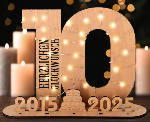 Giftota - 2025 Originelle 10 Geburtstag Geschenk Mädchen & Jungen - Geldgeschenke Geburtstag 10 mit LED Lichterkette Ständer - Holz-Schild Gästebuch - 10 Geburtstag Deko - Personalisierbares Geschenk