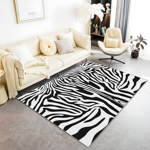 Generic Modern Zebra Textur Teppich, Weiß Schwarz, 140 x 200 cm, Rutschfest, Waschbar, Maschinenwäsche, Farbecht, Geblümt, Indoor, Rechteckig, Area Rug