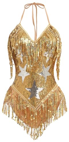Odizli Festival Outfit Damen Sommer Sexy V Neck Glitzer Pailletten Sterne Fransen Body Bodysuit Minikleid Konzert Rave Techno Pole Dance Party Cowgirl Fasching Karneval Faschingskost�me Gold S