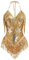 Odizli Festival Outfit Damen Sommer Sexy V Neck Glitzer Pailletten Sterne Fransen Body Bodysuit Minikleid Konzert Rave Techno Pole Dance Party Cowgirl Fasching Karneval Faschingskost�me Gold S