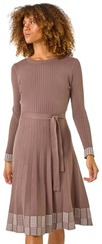 Roman Originals Ribbed Stretch Knit Border Print Dress for Women UK - Ladies Everyday Autumn Winter Round Neckline Comfy Soft Evening Vacation Work Party Night Out - Mink - Size 20 Pink