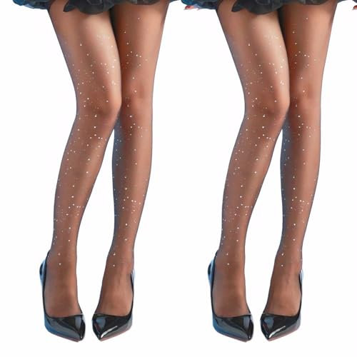 FDJZXW Damen Glitzer Pailletten Strümpfe Schwarz, 2 Stück, 20D, Glitzer Strumpfhose, Sexy Hochelastische Strümpfe, Nylon Strumpfhose für Partys, Auftritte, Rollenspiele
