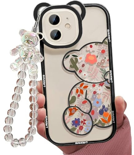 Jusy Coque pour iPhone 11, Motif Ours Fleur Mignon, Coque de téléphone avec Joli Bracelet pour Filles et Femmes, Coque de Protection Transparente Kawaii pour Appareil Photo,Noir