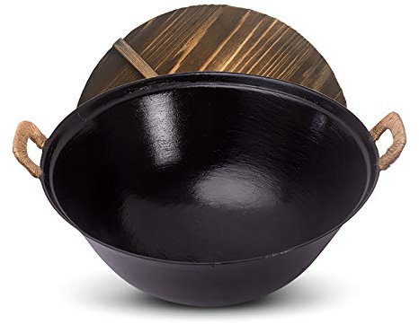 CTCOIJRN Heavy 16 Wok, Cast Iron Old Fashioned Handcrafted Thickened Cast Iron Wok Uncoated Wok, Anti-scalding Handle