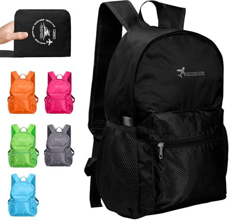Risipu Leichter Faltbarer Rucksack Kleiner Wasserdichter Wanderrucksack Haltbarer Verpackbarer Rucksack für Frauen Männer Outdoor Wandern Radfahren Reisen Wandern Camping (M-Schwarz)