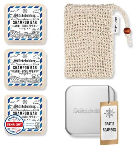 Störtebekker® Premium Duschset - Festes Shampoo Anti-Schuppen (x3), Sisalsäckchen + GRATIS Seifendose Aluminium - Shampoo Bar Set für Haare & Kopfhaut - Handgefertigt in Seifenmanufaktur