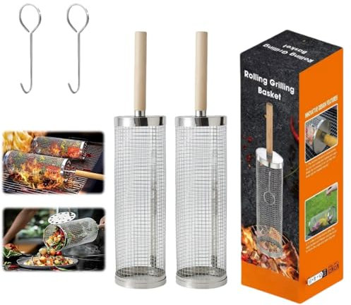 kimeo GrillMaster - Paniers inox pour cuisson au barbecue 2 pièces avec poignées en bois, pour légumes et poissons, accessoires pratiques pour grill extérieur, facile à nettoyer