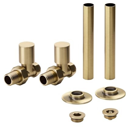 Milano Brushed Gold Straight Heated Towel Rail Radiator Valves and Pipe Sleeve Kit