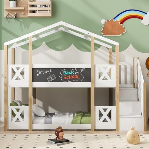 YuQozii Etagenbett,90 x 200 cm,Kinderbett Baumhaus mit Treppe Stauraum und Rausfallschutz, Hochbett für Kinder– 2X Lattenrost- Natur & Weiß