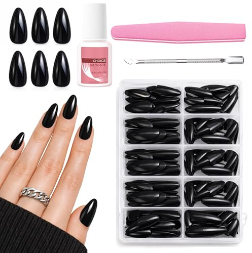 Clawrex 120 chiodi da incollare, colore nero, mandorla corta, con 10 misure, per manicure fai da te nella vita di tutti i giorni