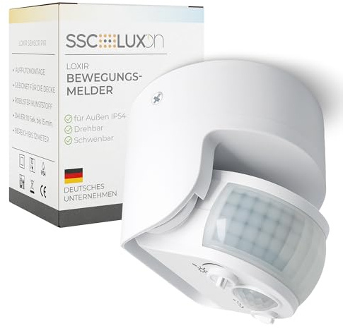 SSC-LUXon LOXIR Bewegungsmelder weiß IP54 180°/360° 12m innen & außen | Aufputz-Bewegungssensor mit 180° & 360° Erfassung - bis 12m Reichweite, drehbar einstellbar, für Eingang, Weg & Carport, IP54