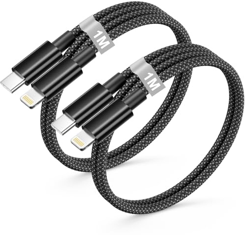Cable Phone Carga Rapida 1M 2Pack,[Apple Certificado MFi] Cable Lightning USB C Cabo Nylon Negro cable Cargador Lightning Tipo C Phone Carga Rapida para iphone 14 13 12 11 Pro Max/X/XS/8/7/6/5,iPad
