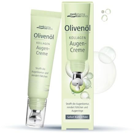 medipharma cosmetics Olivenöl Kollagen Augencreme – Mit Kollagen-Peptid Wirkkomplex, Hyaluronsäure, Olivenöl, Panthenol & Koffein – Kühlender Metallapplikator – gegen Falten und Augenringe