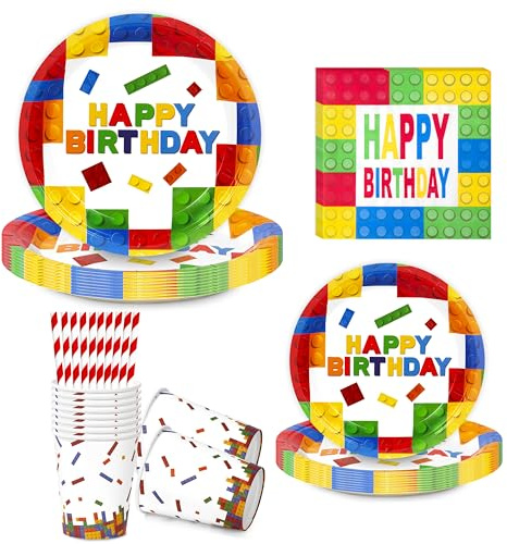BuyCard Baustein Deko Set 60-tlg für 10 Gäste – Bausteine Geburtstagsparty | 60-teiliges Partygeschirr – Teller, Becher, Servietten im Baustein-Design. Bunt & fröhlich für jede Feier