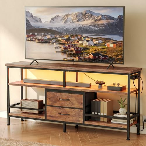 CO-Z 140 cm Mobile TV per 43-65 Pollici TV con Luci LED RGB Controllate da App e Prese di Corrente Rimovibile, Mobile Porta TV con Cassetti e Ripiani Aperti per Soggiorno, Camera da Letto (Marrone)