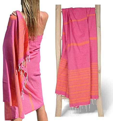 ZusenZomer Fouta Hammam Badetuch XXL, Handgewebt Tunesisch Strandtuch für Frauen, Männer, saugfähig, leicht übergroßes Saunatuch 100% Baumwolle Hammamtuch (Rosa Orange)