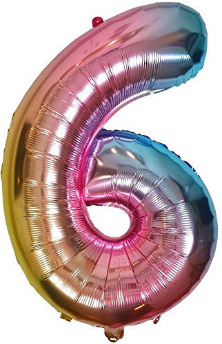 DIWULI Luftballon 6 Geburtstag XL Rosa Regenbogen - Folienballon 6, Zahl 6 Ballon 6 Jahre, Geburtstagsdeko 6. Geburtstag Party-Deko Junge Mädchen, Zahlen-Ballon Groß Dekoration, Zahlen-Luftballon