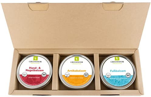 GREENDOOR 3er Balsam Geschenkset: Fussbalsam + Handbalsam + Arnikabalsam im Natur Geschenkkarton, Naturkosmetik, natürlich ohne Silikone Parabene Tierversuche, Sets