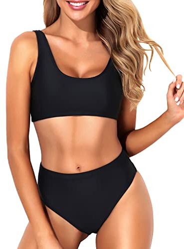 Tempt Me Women Black Two Piece Scoop Neck Bikini Crop Top Swimsuit Sporty High Waisted Bathing Suit Suit M