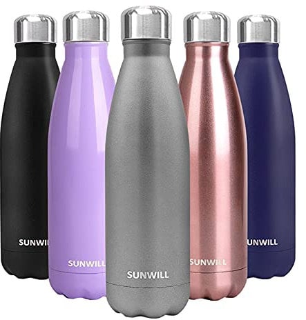 SUNWILL Metal Water Bottle 500ml, Stainless Steel Insulated Travel Sports Water Bottle, Vacuum Thermal Reusable Water Flask, Cool Grey matt Finish for Hot and Cold Drinks