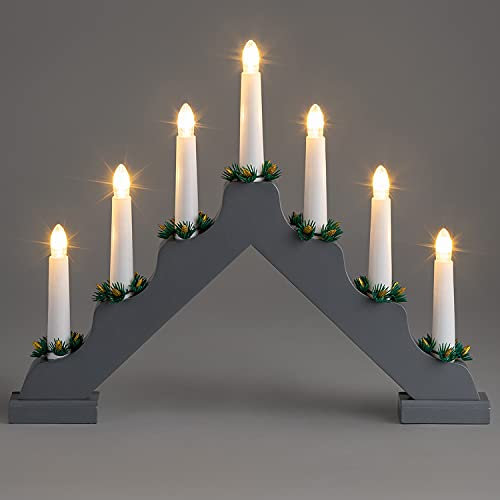 Christow Christmas Candle Bridge Light 7 LED Battery Operated Wooden Decoration (Grey)