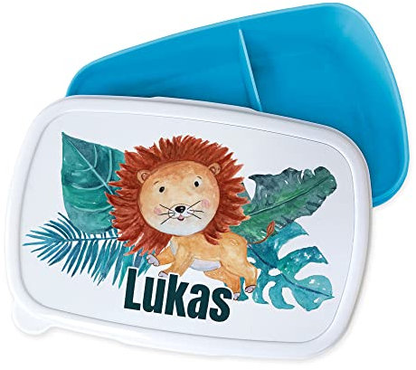 GRAZDesign Brotdose Kinder personalisiert, Lunchbox Kindergarten und Schule, Brotbox in Blau mit Unterteilung, Name und Löwe, Geschenk zu Einschulung