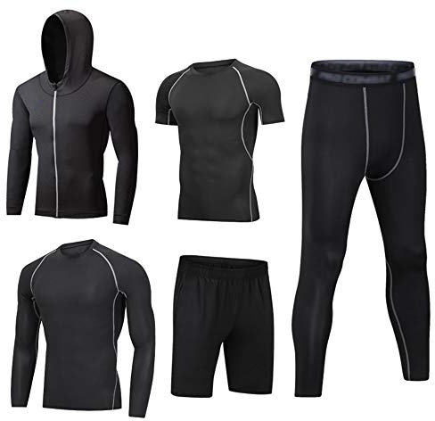 HZQIFEI Herren 5 Stücke Sport Anzug Schnell Trocken Joggen Kleidung Strumpfhosen Laufanzüge Kompression Shirt Gym Training Lauf Trainingsanzüge (Stil#5, 3XL)