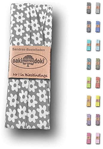 Sandras-Bastelladen Schrägband/Einfassband Baumwolle gefalzt 3m x 20mm - Blumen Muster 3002-Grau-Weiß