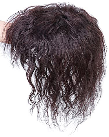 Curly Echthaar Topper mit Curly Bangs Clip in Seidenbasis Haarkronen Topper Haarteile für Frauen, 6 Zoll, Dunkelbraun