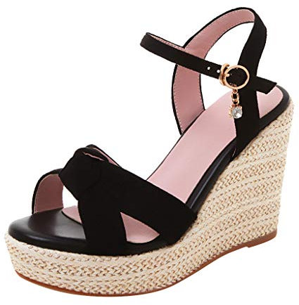 Julhold Espadrille Wedge Sandale Damen Schnalle Open Toe Wedges Dicker Boden Schuhe Bequeme Römersandalen(Schwarz,39)