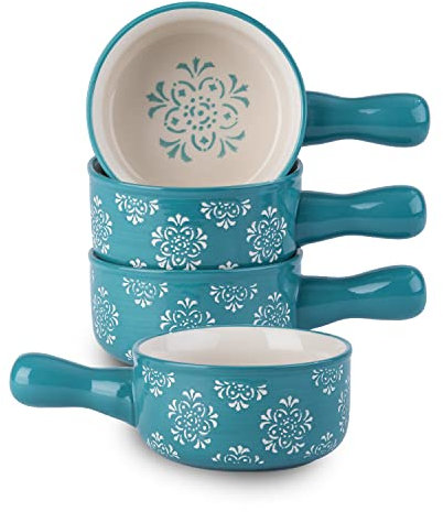 Original Heart Suppenschüsseln aus Keramik, Zwiebel-Suppenschüsseln, 482 ml, Suppentöpfe mit Griffen, mikrowellengeeignet, Suppentöpfe, ofenfest, stapelbare Suppentassen, antihaftbeschichtet, 4 Stück,