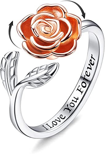 MILACOLATO 925 Sterling Silber Fidget Anxiety Ring für Frauen Damen Mädchen Offen Verstellbar Sonnenblumenring Zirkonia Blume Schmetterling Mond Stern Rose Spinner Ringe Schmuck Rose