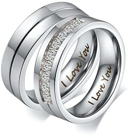 Bishilin Personalisierte Ringe für Paare, Edelstahl Ringe Set 6MM mit Gravur I Love You Trauringe Partnerringe Nickelfrei Damen Gr.49 (15.6) & Herren Gr.60 (19.1)