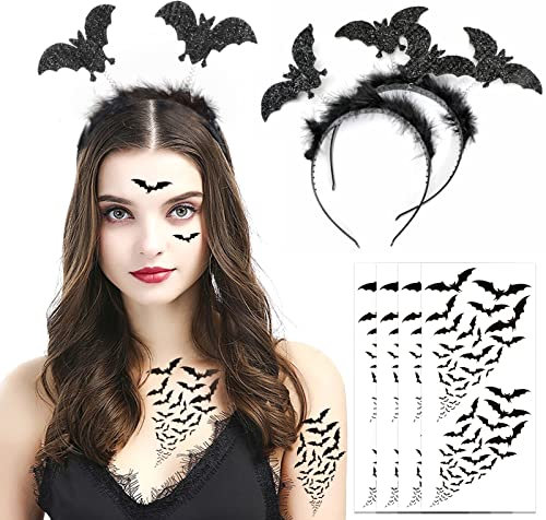 HOWAF 2 Fledermaus Haarreifen Halloween Kostüm, Halloween Fledermaus Haarband mit Glitzereffekt 4 Halloween Temporäre Tattoos Fledermaus Tattoos für Halloween Haarschmuck Karneval Maskerade Accessoire