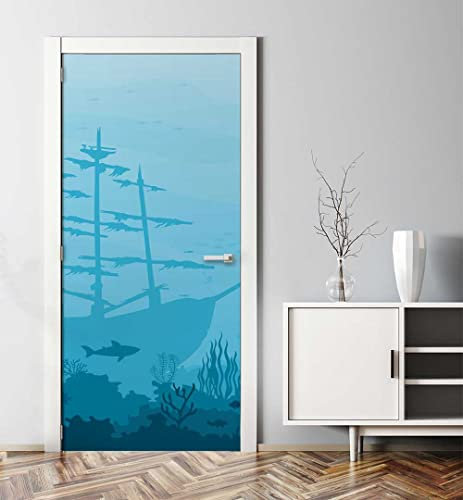 MyMaxxi - Tür bekleben mit Türtapete Türposter Türfolie Selbstklebend 90x200 Meerestaucher - Tür verschönern Türaufkleber Türklebefolie Versunken Schiff Fische blau