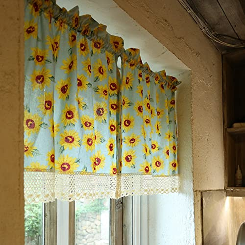 A.Monamour Gardine Scheibengardinen Kurzstores 2 Stück Baumwollleinen Blau Gelb Sonnenblumen Muster mit Spitze Kurzgardinen Küchengardine Küchenvorhang Küche Vorhang Fenster Kurz Stores Bistrogardine
