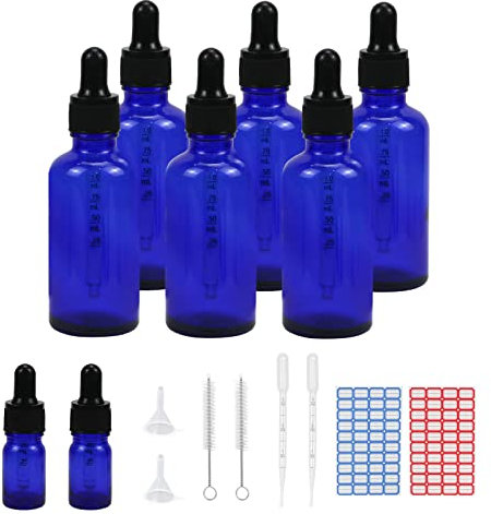 Reyshin 50ml Glass Dropper Bottles, 6 Pack Blue Glass Bottle with Dropper Pipettes Refillable Sample Dropper Bottle for Essential Oil Massage Aromatherapy Eye Drops(50ml blue)
